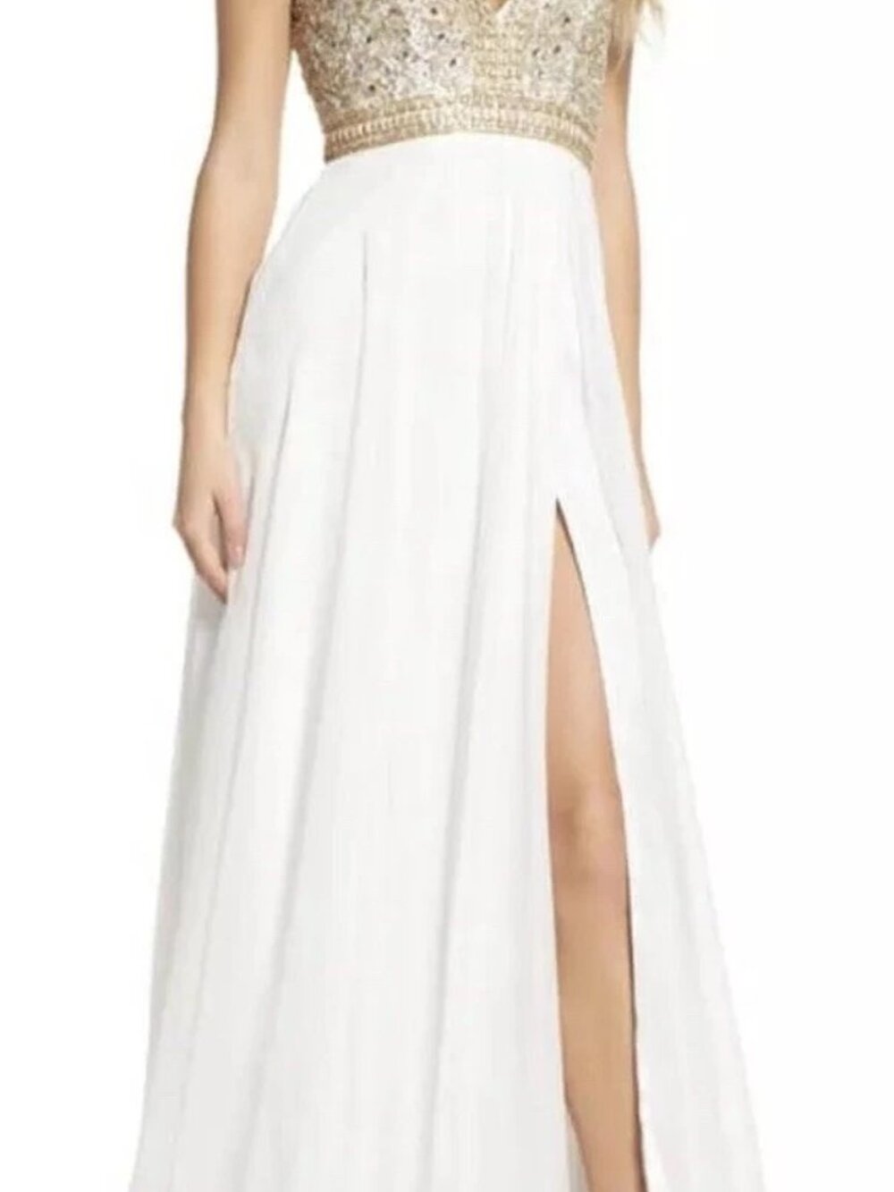 Mac Duggal - Beaded Cutout Bodice Chiffon - Gold & White Gown - NWT - Size 2 - Picture 12 of 15
